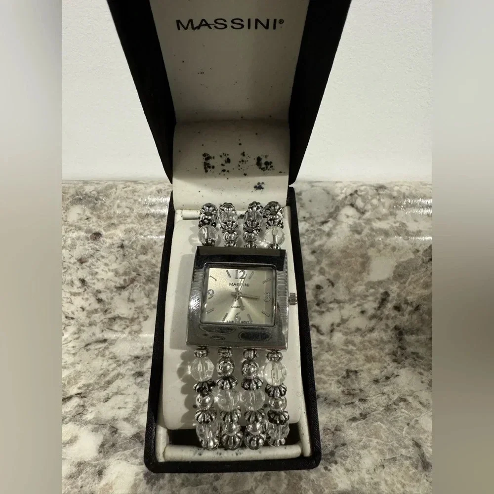Massini Silver Elastic Beaded Bracelet Watch. New in Box